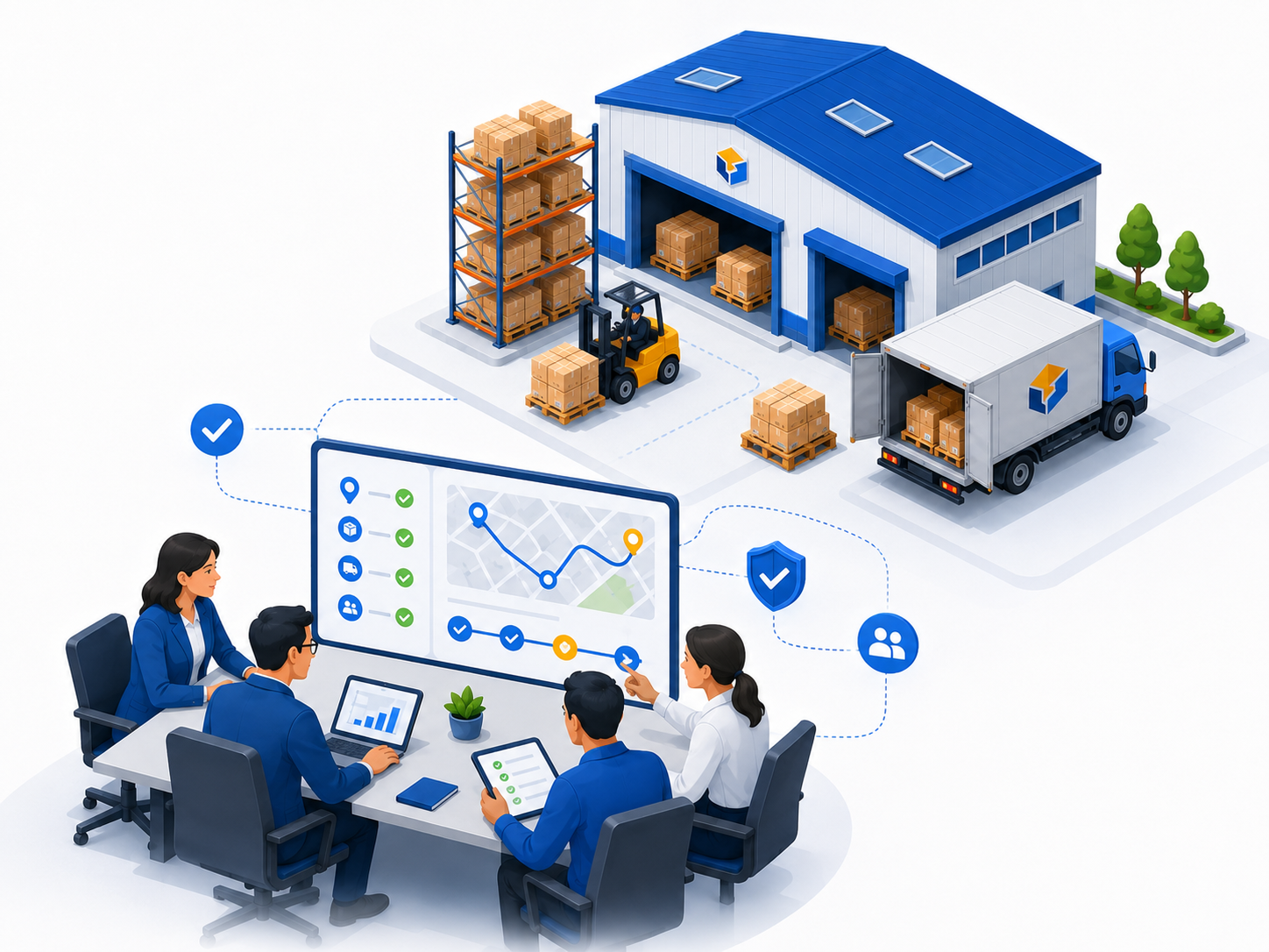 Ilustrasi partner proyek logistik yang fokus pada koordinasi dan eksekusi